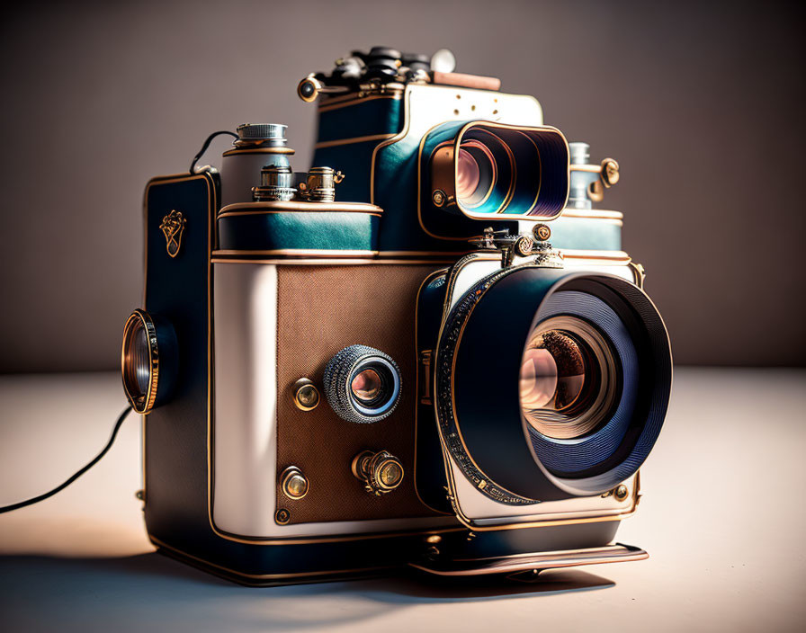 Vintage-Style Camera with Brown and Teal Details on Gradient Background