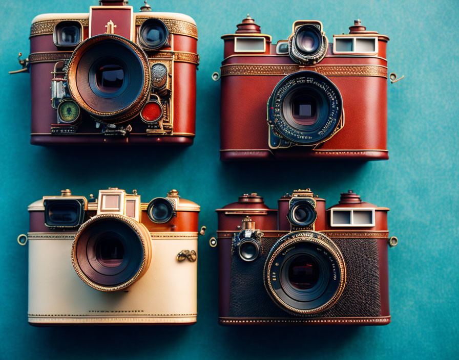 Vintage cameras with leather detailing in red, white, and brown on teal background