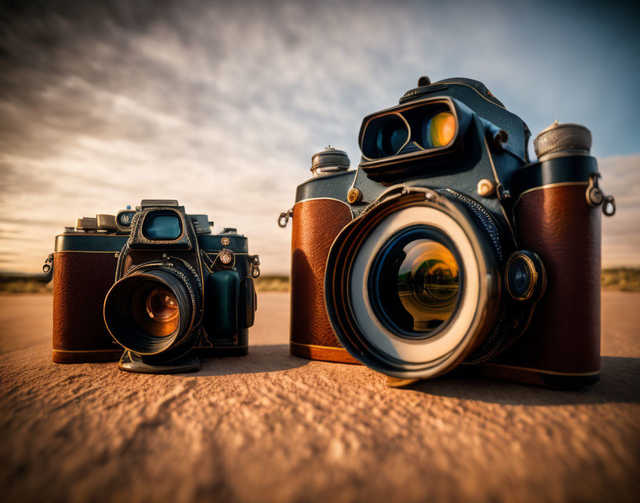 Vintage Cameras with Leather Casing on Ground with Blurred Background