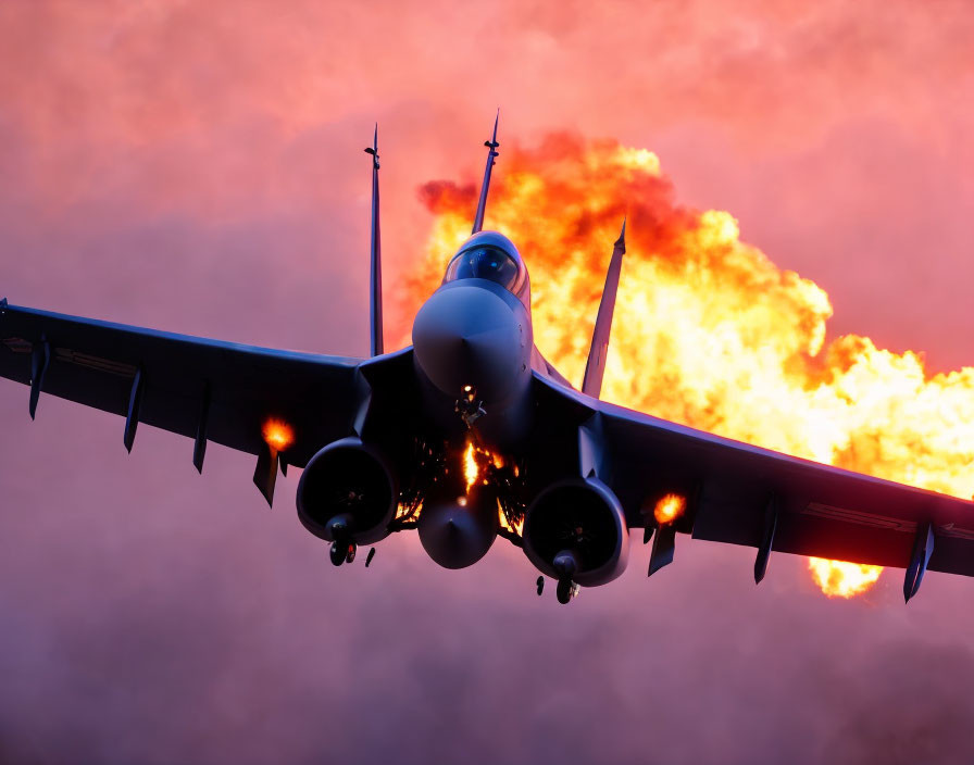 Military fighter jet with afterburners creating fiery trail in dramatic orange sky