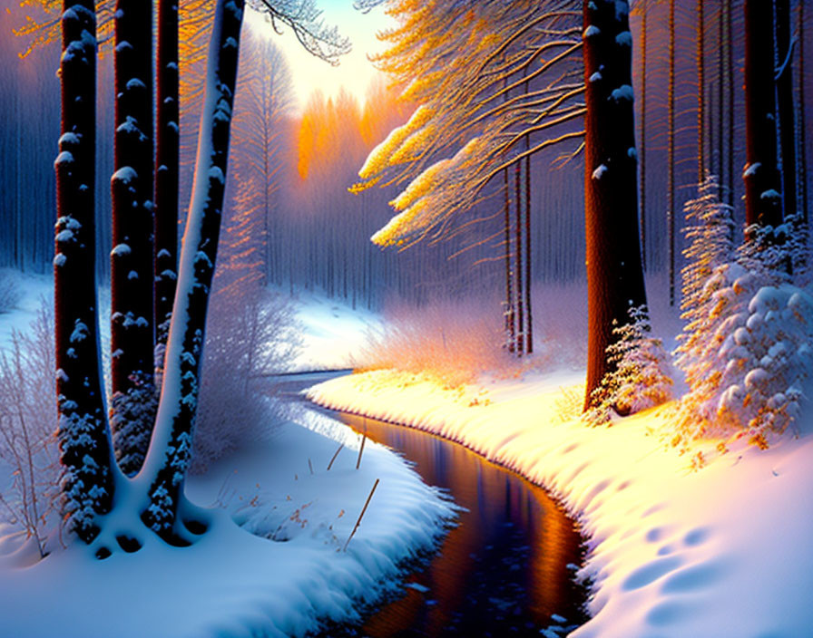 Snow-covered trees and river under golden sun glow