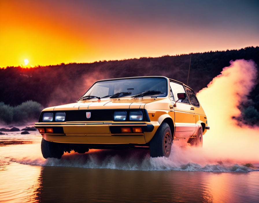 Vintage car drives through shallow water at sunset with headlights on