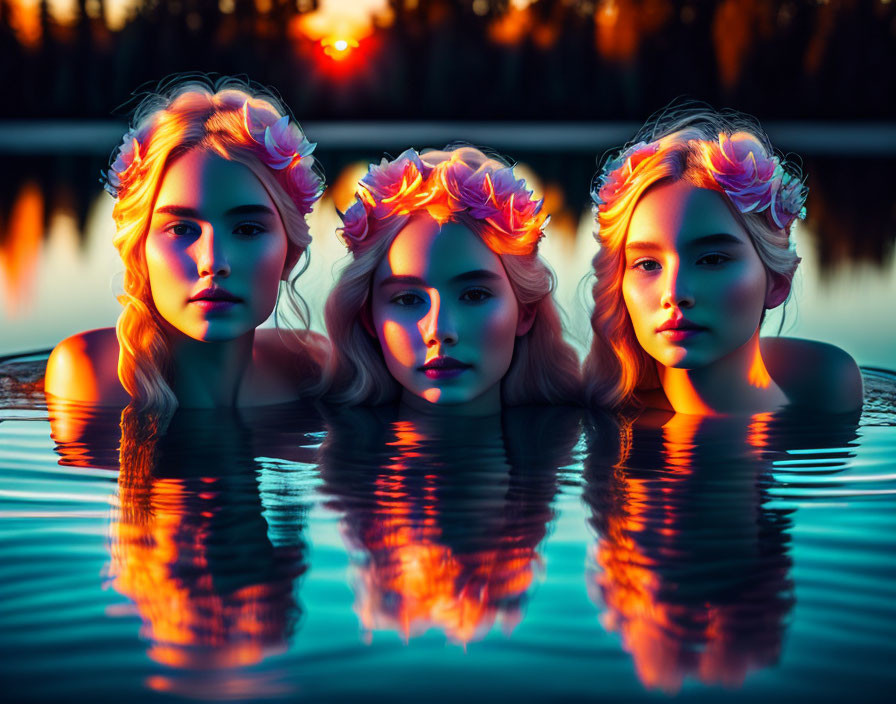 Three people in floral crowns emerge from water at dusk.