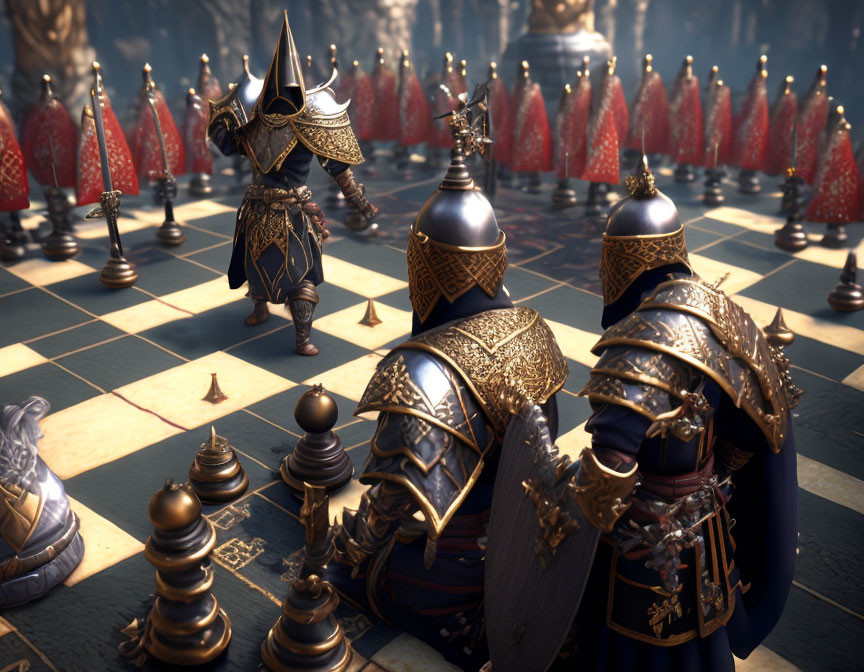 Grand Hall Chessboard with Human-Sized Knight Pieces