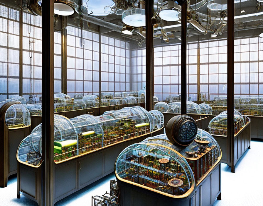 Transparent domes greenhouse laboratory with high-tech equipment