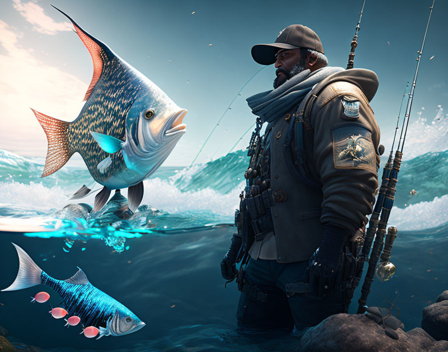 Bearded fisherman with giant fantastical fish in water