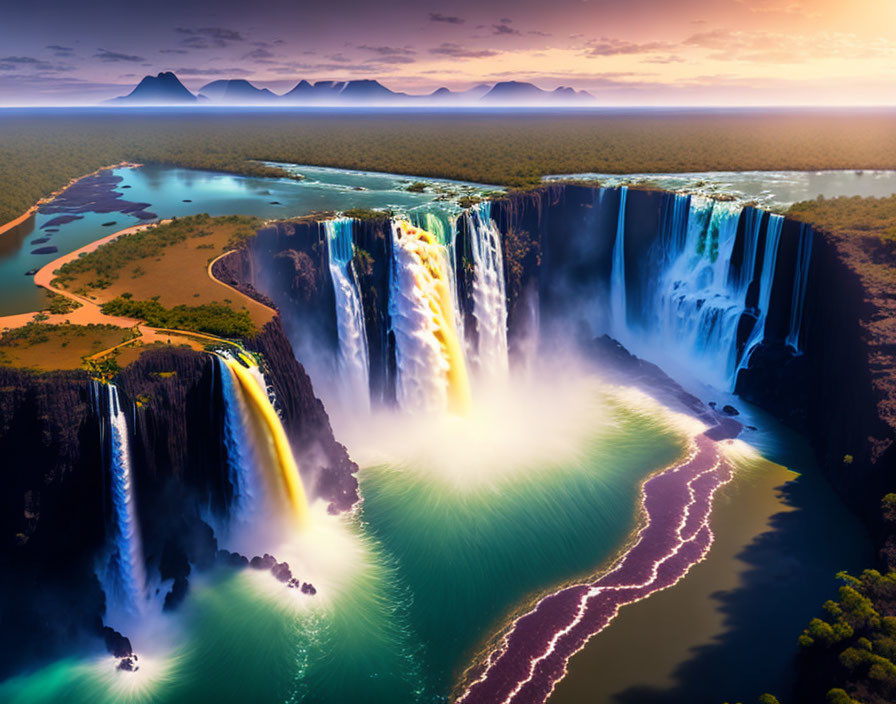 Majestic waterfall with cascades in lush greenery at sunset