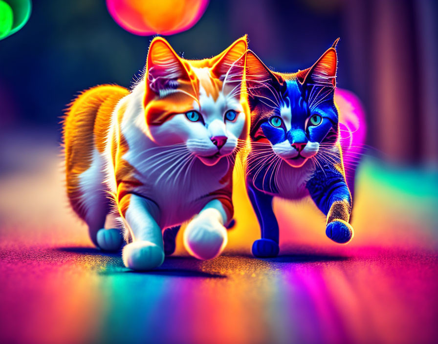 Colorful Cats Walking Amid Bokeh Lights