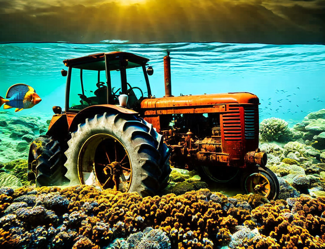 Old tractor submerged underwater with colorful coral reefs and fish swimming.