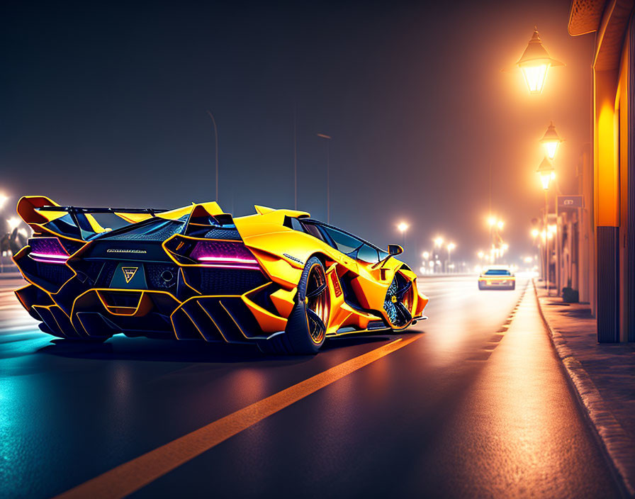 Yellow and Black Sports Car Parked on City Street at Night