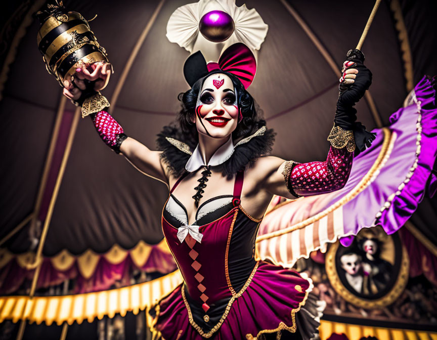 Colorful harlequin clown performs under circus tent with wand and spinning plate