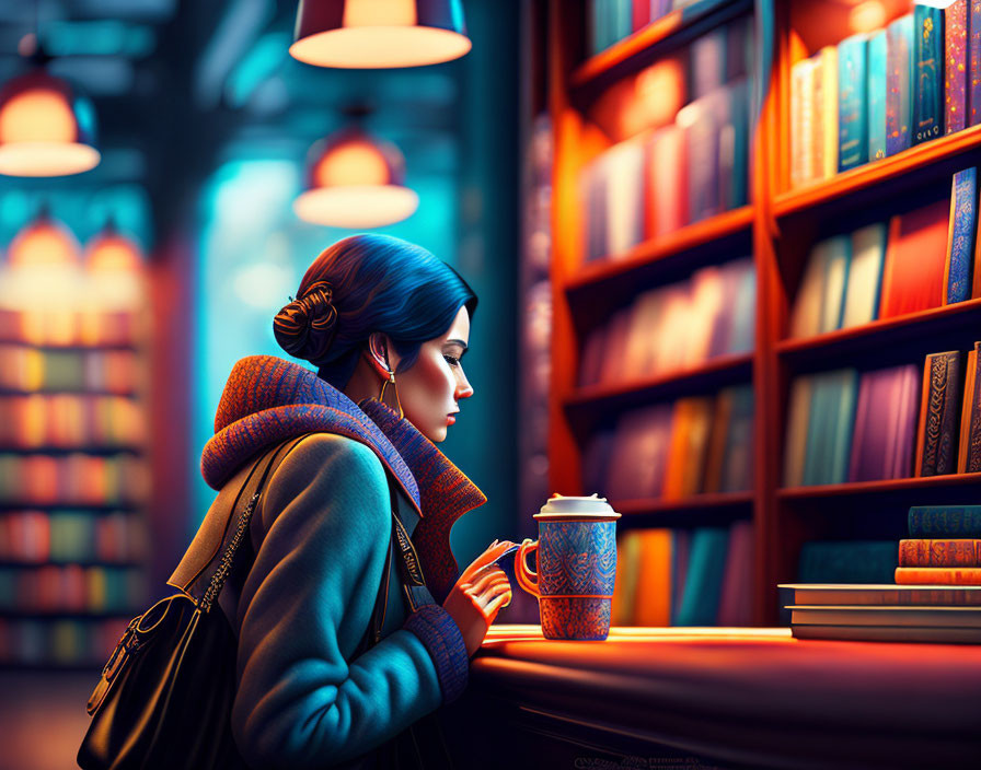 Blue-haired woman browsing books in warmly lit library