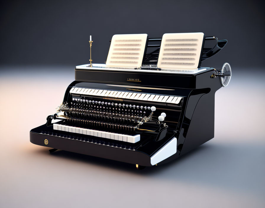 Black Grand Piano with Exposed Mechanism and Sheet Music on Stand