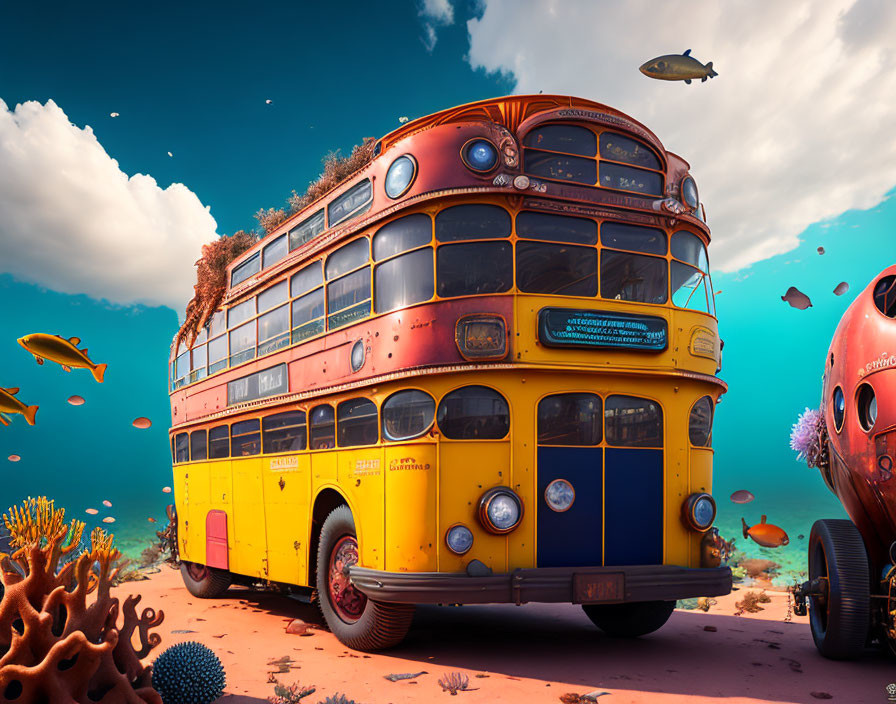 Yellow double-decker bus submerged undersea with coral and fish.