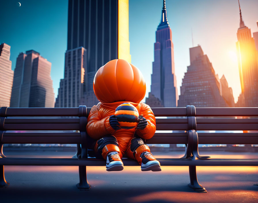 Person in orange helmet and jacket on city bench with sunset and skyscrapers.