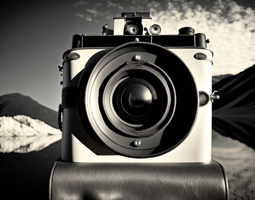 Vintage Camera with Large Lens Against Cloudy Skies & Mountains