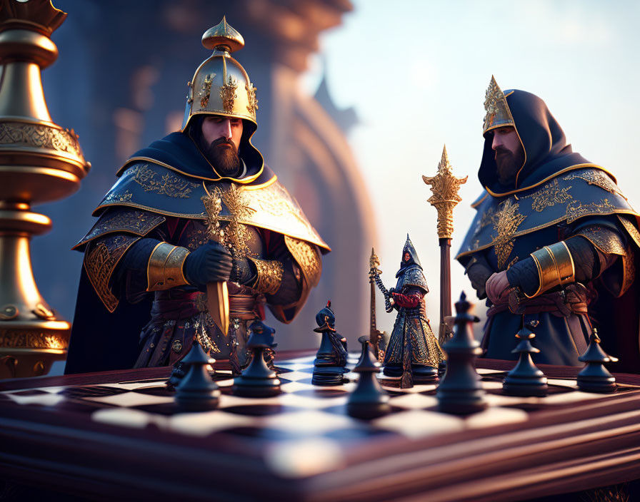 Ornate armor-clad knights by intricately designed chessboard