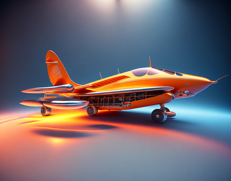 Futuristic orange airplane with exposed mechanics on blue gradient background