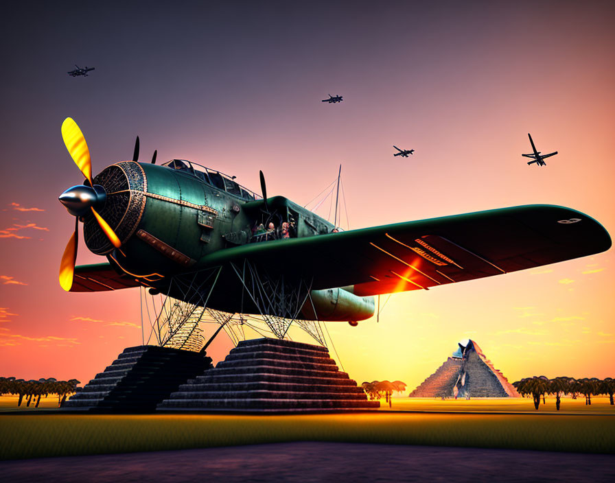 Vintage Aircraft Taking Off at Sunset with Silhouetted Planes and Pyramids