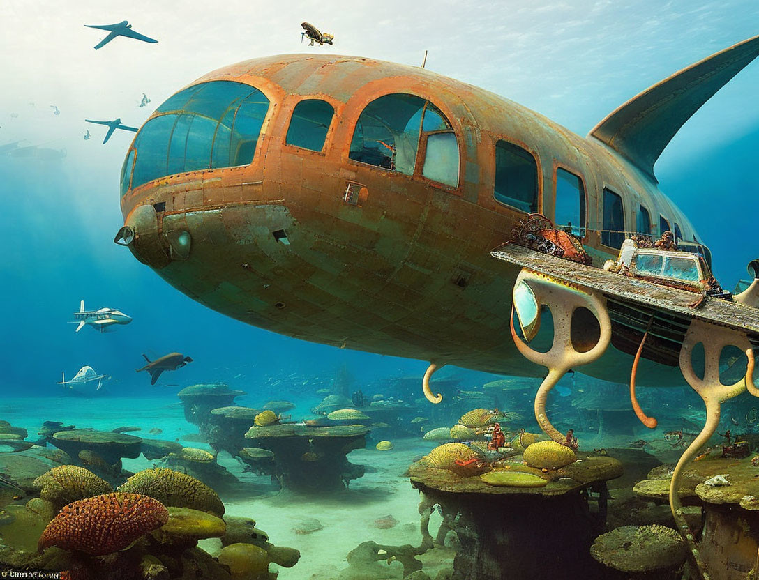 Sunken airplane in underwater scene with fish, coral, and octopus