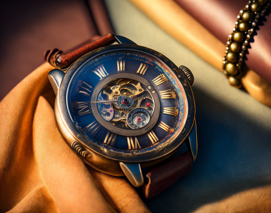 Skeleton Wristwatch with Visible Gears on Brown Leather Strap