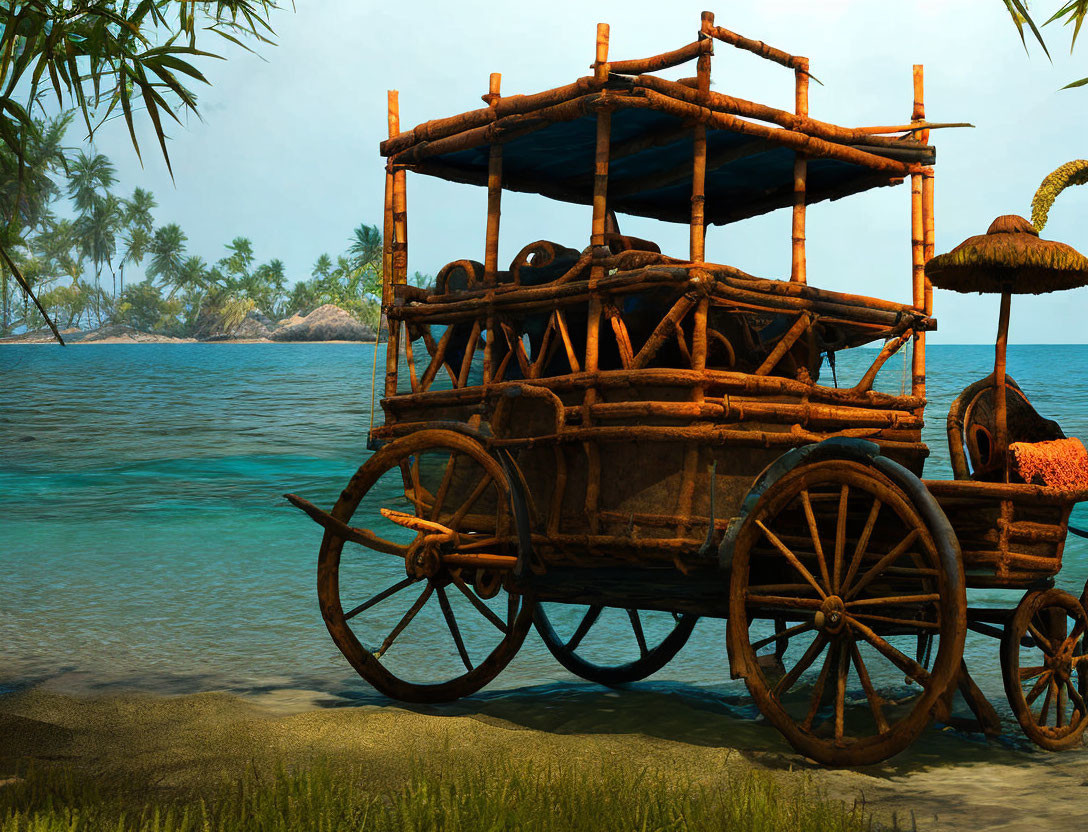 Thatched Roof Wooden Cart by Tropical Beach