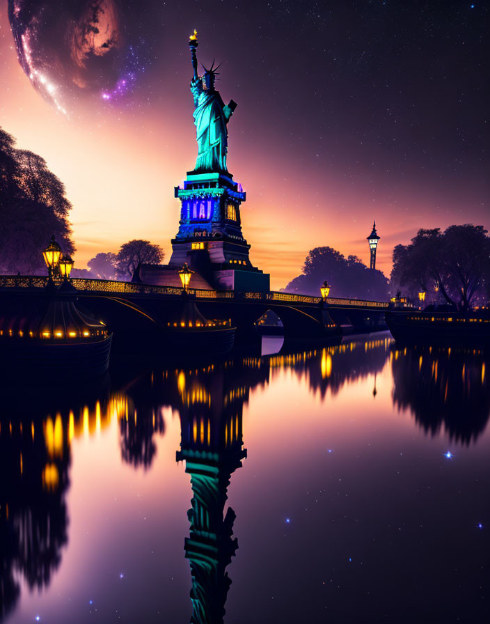 Statue of Liberty illuminated at night with colorful skies and water reflection