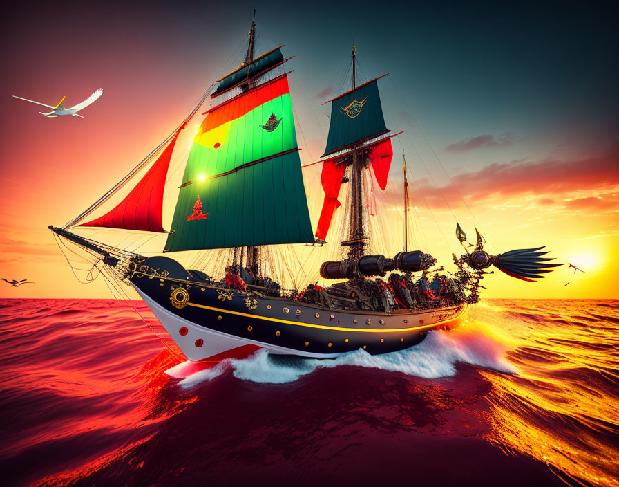 Colorful Tall Ship Sailing on Red Ocean at Sunset