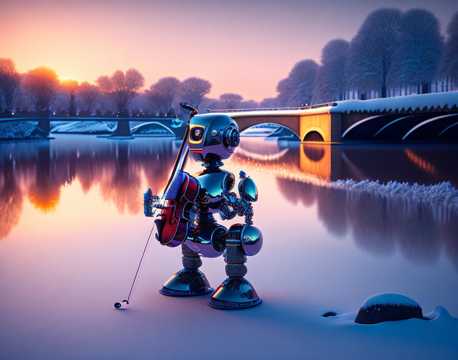 Whimsical robot fishing by snowy riverside at sunset