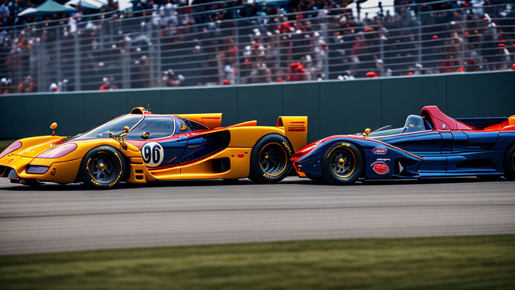 Vintage Race Cars: Orange and Blue on Racetrack with Spectators