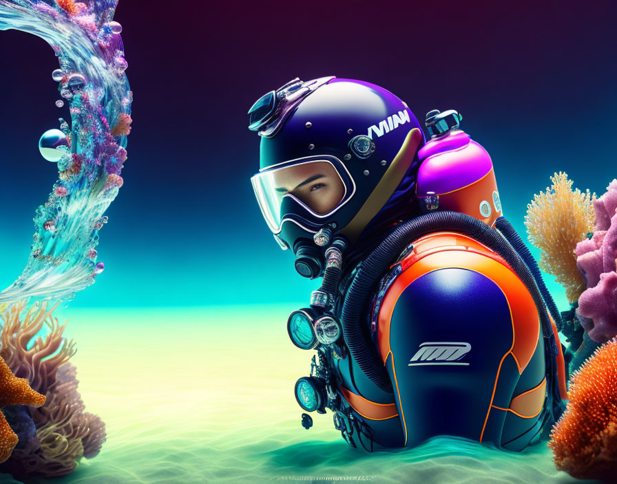 Colorful Scuba Diver Surrounded by Coral and Underwater Life