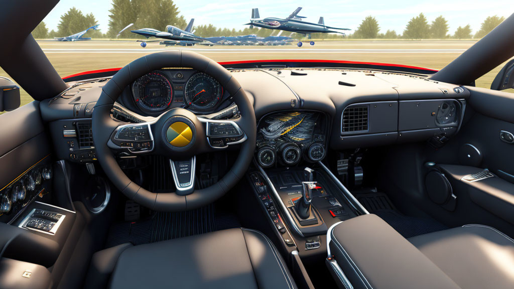 Luxury sports car interior with yellow emblem, digital displays, and leather seats next to jets on runway