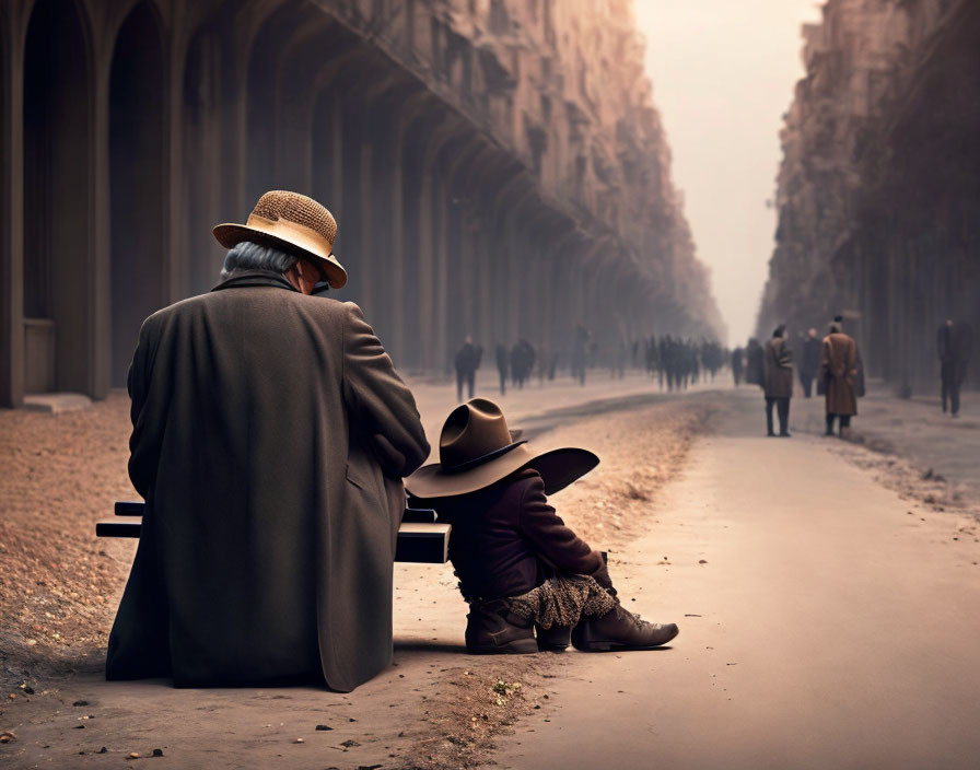 Elderly individual and child on bench with hats in tree-lined boulevard