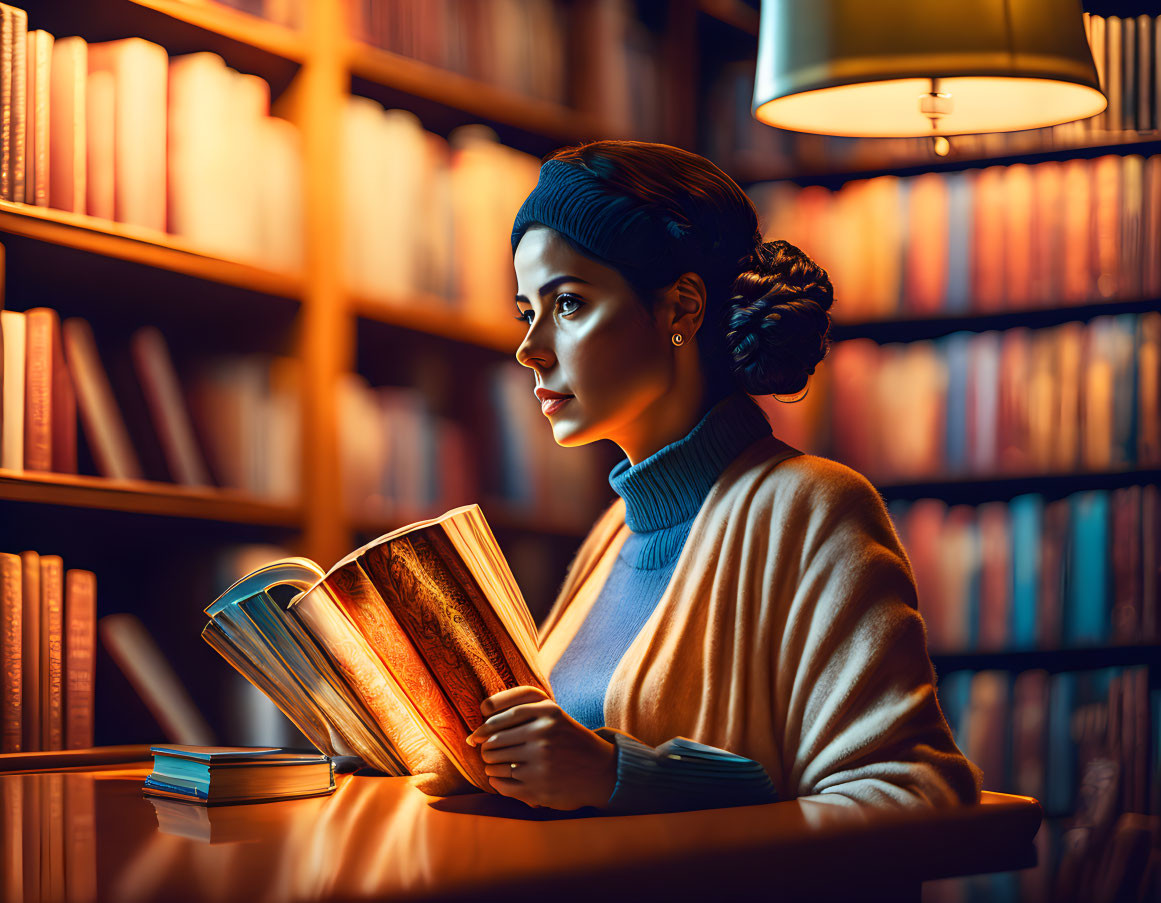 Woman reading book in cozy library under lamp with shelves of glowing books