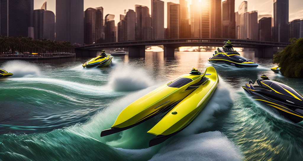 Futuristic yellow speedboats race in cityscape at sunset