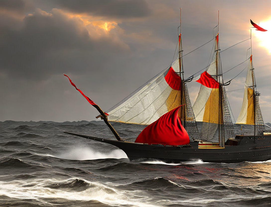 Red-sailed sailboat navigating stormy seas under dramatic sky