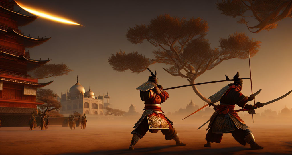 Samurais duel at sunset with crescent moon and horse riders.