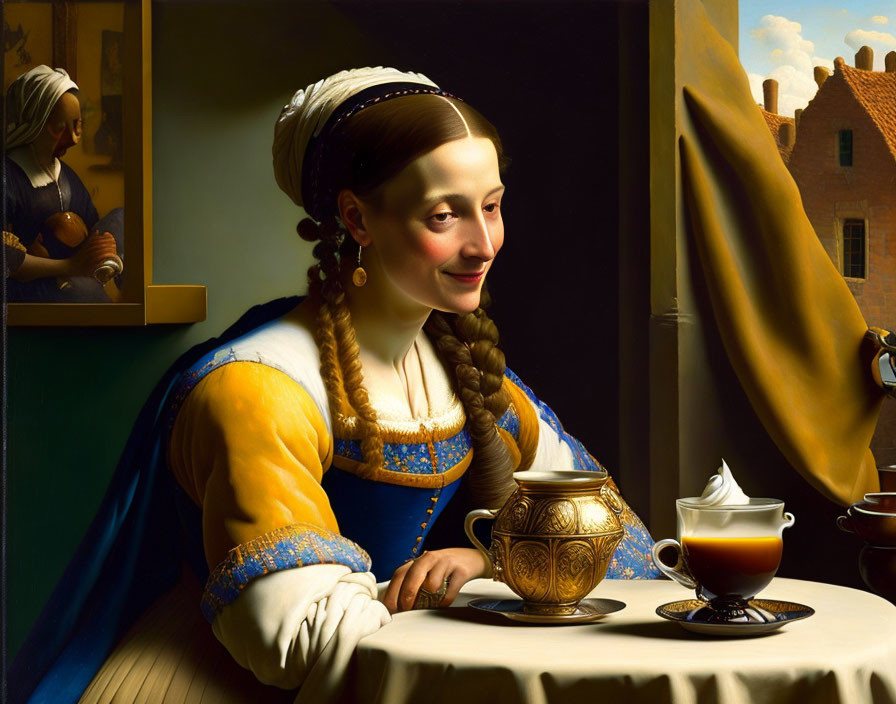 Traditional Dutch outfit woman pouring milk - reminiscent of classic Vermeer style