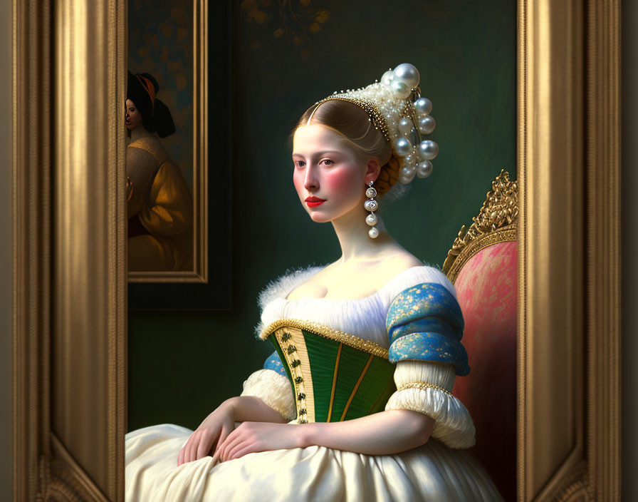 Digital artwork of woman in renaissance dress with pearls, mirror reflection