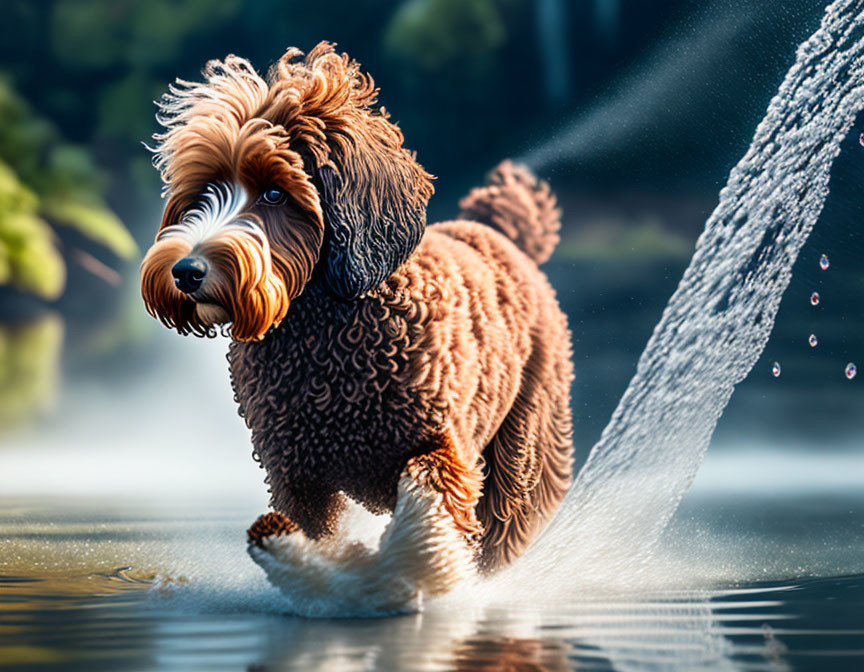 Curly-coated dog playing in sunlit water splashes