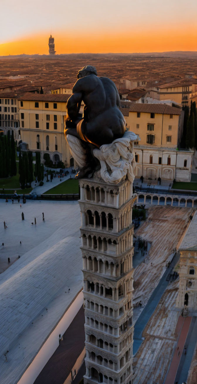 Statue on Tower Overlooking Sunset Square & Cityscape