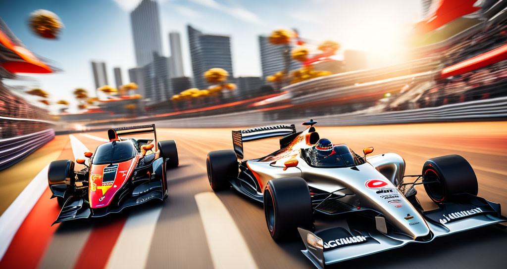 Urban Formula 1 race with high-speed cars in motion blur, set among skyscrapers and autumn