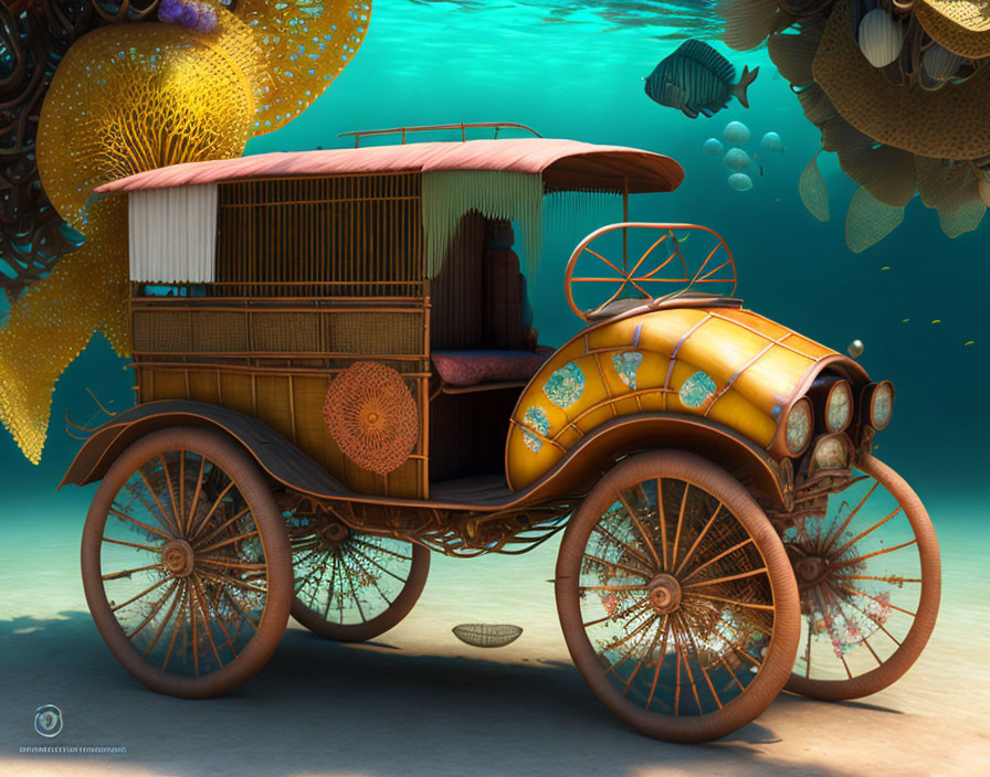 Vintage Car with Bamboo and Wicker Details Submerged in Underwater Scene