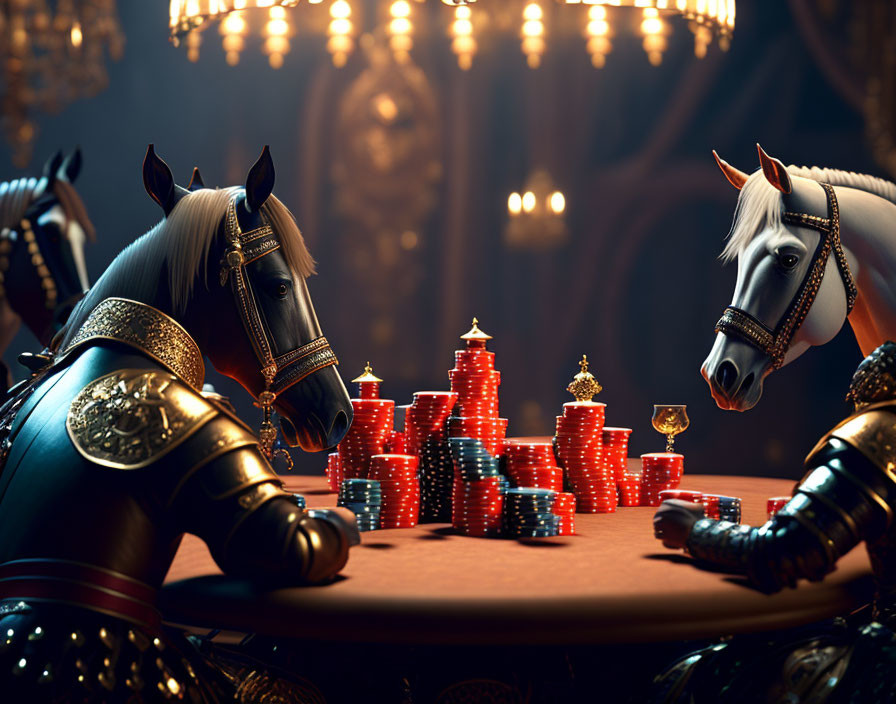 Anthropomorphized horses in knight armor at poker table with chips and crown