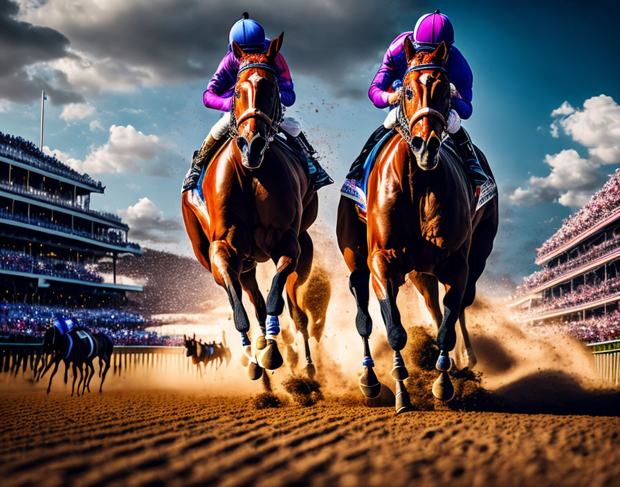 Jockeys racing horses on dirt track with spectators.