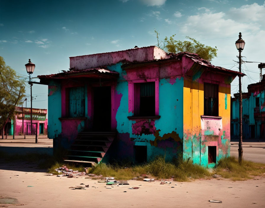 Decrepit colorful building under blue sky with peeling paint and debris.