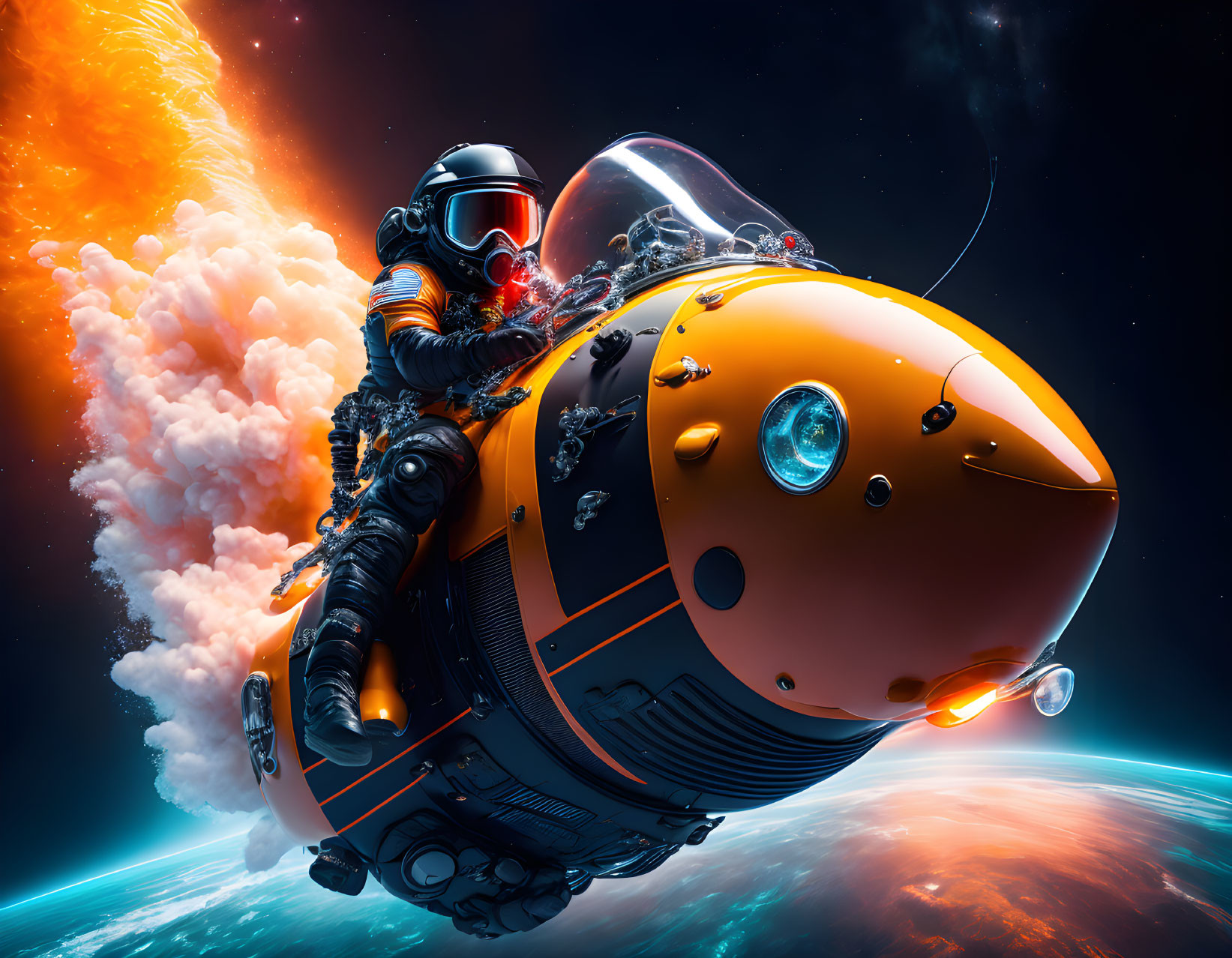 Futuristic astronaut on motorcycle-style spacecraft with Earth and solar flares.