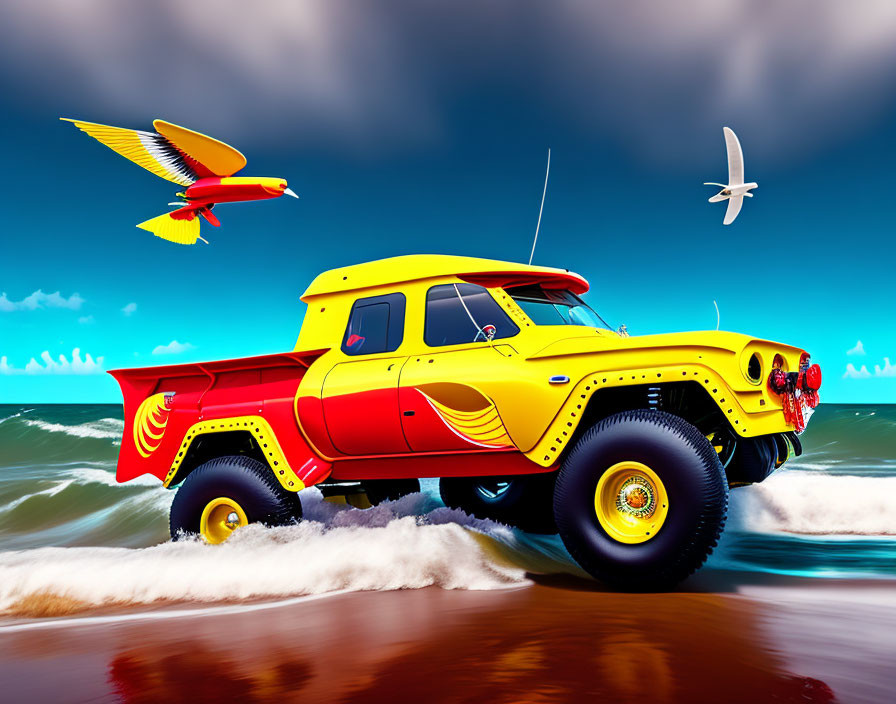 Vintage Yellow Pickup Truck Driving on Beach with Waves and Flying Bird and Plane