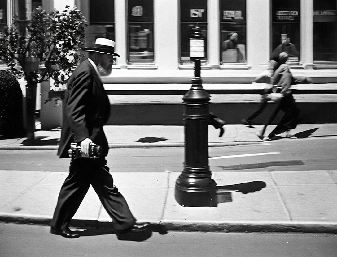 Elderly man in suit and hat walking by lamppost in city street