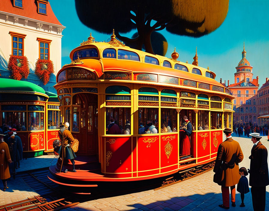 Vintage Tram Painting with Elegantly Dressed People